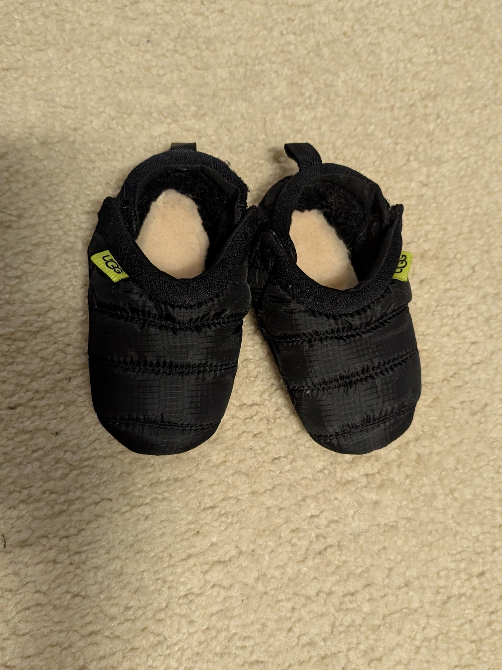 UGG Tasman LTA Kids Black Quilted Cozy Booties with Lime Tag